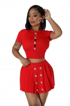 Red Knitted Short Sleeve Elastic Button Tops Pleated Women Short Sets