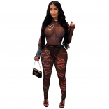 Black Mesh Long Sleeve Printed Bodycon Sexy Jumpsuit