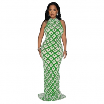 Green Luxury Evening Sleeveless Sequins Mesh Bodycon Sexy Formal Long Dress