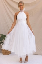 White Halter Sleeveless Mesh Fashion Vacation Casual Long Skirt Dress