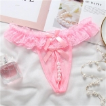 Pink Lace Sexy Pearls Crotchless Women Underwear G-String