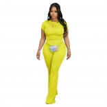 Yellow Short Sleeve Two Pieces Women Casual Streewear Striped Pant Sets