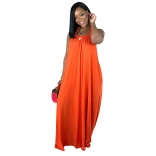 Orange Halter Backless Fashion Loose Pleated Skirt Long Dress