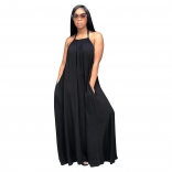 Black Halter Backless Fashion Loose Pleated Skirt Long Dress