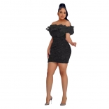 Black Feather Off Shoulder Sequins Pleated Women Sexy Club Mini Dress