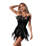 Black Feather Off Shoulder Zipper Sequins Bodycon Club Mini Dress