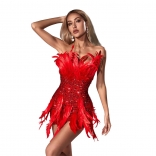 Red Feather Off Shoulder Zipper Sequins Bodycon Club Mini Dress