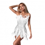 White Feather Off Shoulder Zipper Sequins Bodycon Club Mini Dress