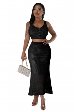 Black Sleeveless Knitting Hollow Out Two Pieces Fashion Midi Dress