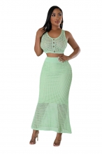 Green Sleeveless Knitting Hollow Out Two Pieces Fashion Midi Dress