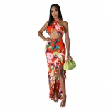 Red Sleeveless Hollow Out Printed Sexy Ruffles Two Pieces Floral Dress