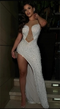 White Luxury Sleeveless Mesh Rhinestone Party Pleated Sexy Maxi Dress