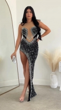 Black Luxury Sleeveless Mesh Rhinestone Party Pleated Sexy Maxi Dress