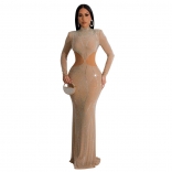 Beige Long Sleeve Mesh Hollow Out Rhinestone Bodycon Luxury Evening Formal Dress