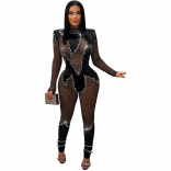 Black Long Sleeve Mesh Hollow Out Diamonds Pleated Sexy Party Jumpsuits