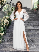 White Lace Long Sleeve Hollow Out Chiffon Maxi Dress
