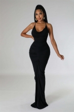 Black Sleeveless Straps V Neck Pleated Evening Paro Maxi Dress