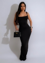 Black Low Cut Bodycon Solid Straps Women Midi Formal Dress