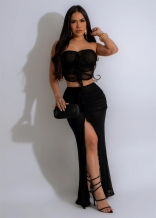 Black Off Shoulder Mesh Ruffles Pleeated Party Prom Long Dress