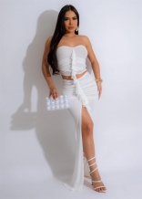 White Off Shoulder Mesh Ruffles Pleeated Party Prom Long Dress