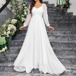 White Long Sleeve Lace Mesh Chiffon Fashion Wedding Luxury Dress