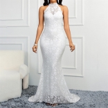 White Lace Sleeveless Embroidery Bodycon Evening Formal Maxi Dress