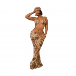 Khaki Sexy Two Peices Printed Mesh Sexy Party Skirt Sets