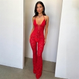Red Halter Lace V Neck Hollow Out Sexy Women Romper Jumpsuits