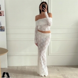 White Off Shoulder Sleeveless Lace Crop Top Two Pieces Long Skirt Sets