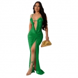 Green Sleeveless Deep V Neck Mesh Pleated See Through Slit Prom Evening Maxi Dress
