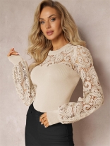 Beige Lace Embroidery Long Sleeve Office Lady Crop Top