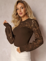 Coffee Lace Embroidery Long Sleeve Office Lady Crop Top