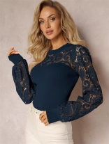 Navy Lace Embroidery Long Sleeve Office Lady Crop Top