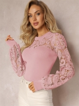 Pink Lace Embroidery Long Sleeve Office Lady Crop Top
