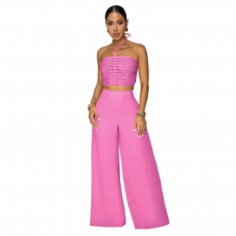 Pink Off Shoulder Halter Neck Lace Up Bandage Two Pieces Pant Sets Wide Leg Dress