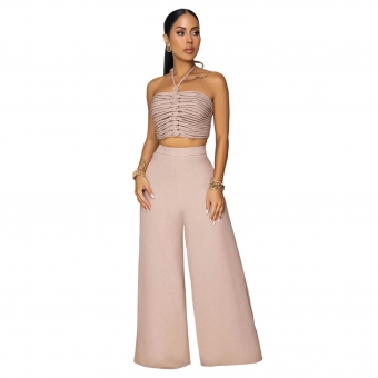 Apricot Off Shoulder Halter Neck Lace Up Bandage Two Pieces Pant Sets Wide Leg Dress
