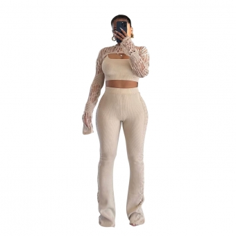 Apricot 3PCS Knitted Long Sleeve Tops Hollow Out Bodycon Sexy Pant Sets Dress