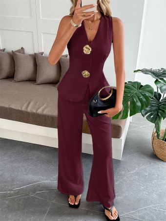 Claret Sleeveless Vest Top Two Pieces Casual Simple Long Pant Sets Dress