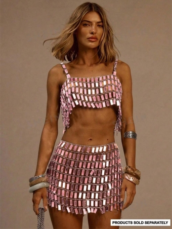 Pink Two Pieces Sequins Chains Sexy Hollow Out Party Mini Skirt Sets